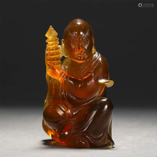 Chinese Amber Carved Ornament, Seated Buddhist Figure Design