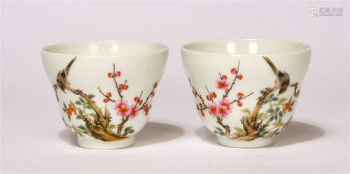 Pair Of Chinese Famille Rose Magpie And Flower Design Cups