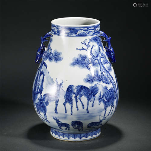 Chinese Blue White Deer Head Handle Porcelain Zun