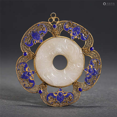 Chinese Enameling Decorated Hetian Jade Disc Pendant