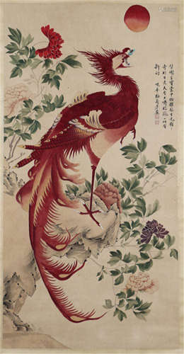 Chinese Painting Of Red Phoenix In Morning Sun