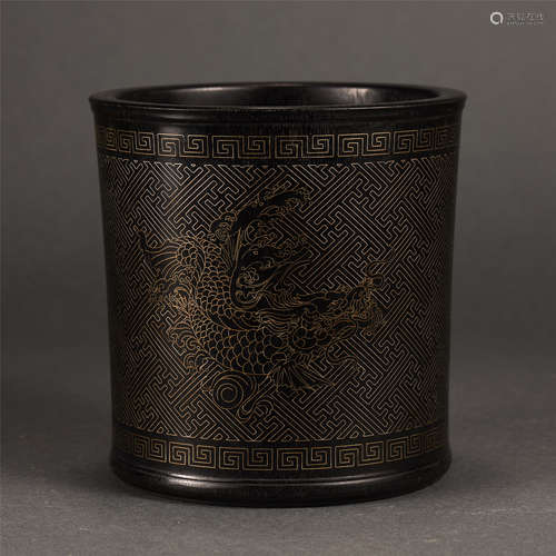 Chinese Red Sandalwood Brush Pot With Gold Wire Dragon Pattern