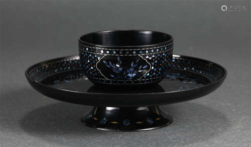 Chinese Lacquerware Bowl And Footed-Plate-Pedestal, Mother-Of-Pearl Inlaid