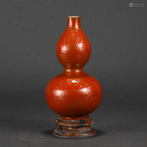 Chinese Iron Red Glazed Gourd-Shaped Vase, With Gold-Wire Flower Patterns