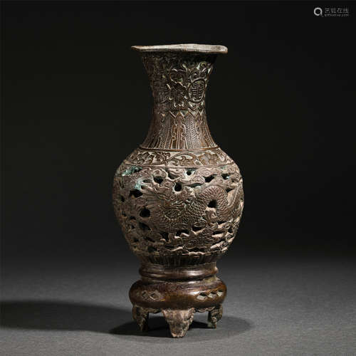 Chinese Bronze Bottle With Hollow Engraving Dragon-Phoenix Pattern