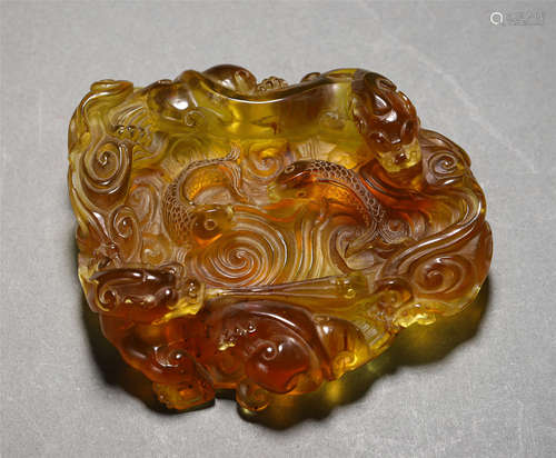 Chinese Amber Brush Washer, Engraved Fish And Auspicious Beast Design