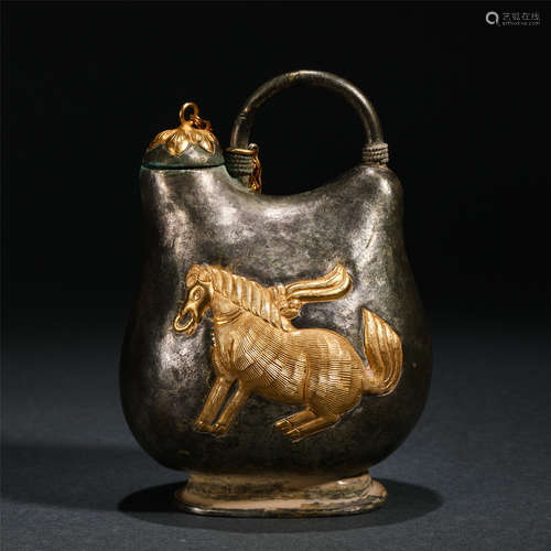 Chinese Gilt Bronze Snuff Bottle With Beast Pattern And Loop Handle