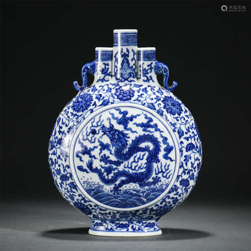 Chinese Blue And White Dragon And Flower Pattern Moon Flask