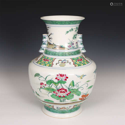 Chinese Famille Rose Doucai Flower Double Handle Zun