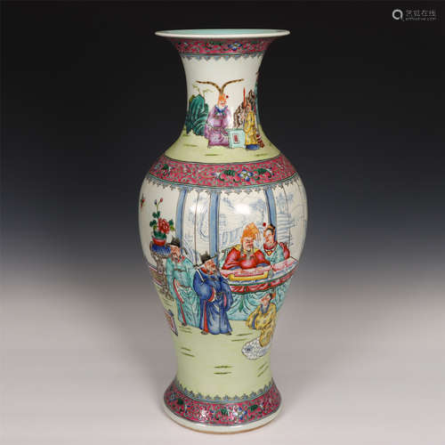 Chinese Famille Rose Porcelain Figures Story Fishtail Vase