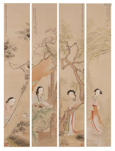 Chinese Painting Four Hanging Scrolls Of Ladies