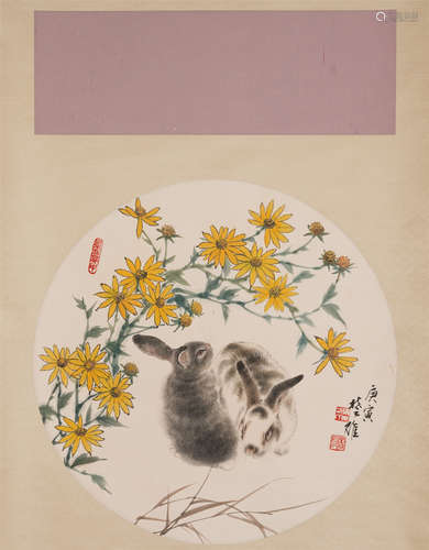 Chinese Painting Hanging Scroll Of Flowers And Rabbits