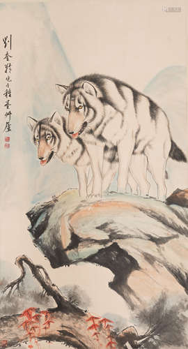 Chinese Painting Hanging Scroll Of Two Wolves On The Rock