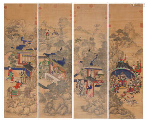 Chinese Painting Four Hanging Scrolls Of Figures' Stories