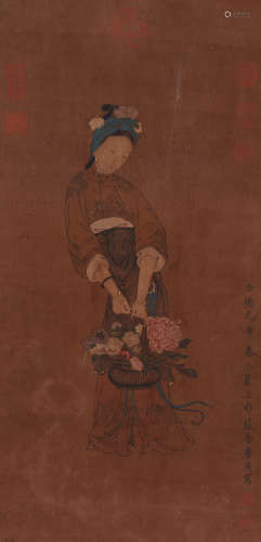 Chinese Painting Hanging Scroll Of Lady Carrying A Flower Basket