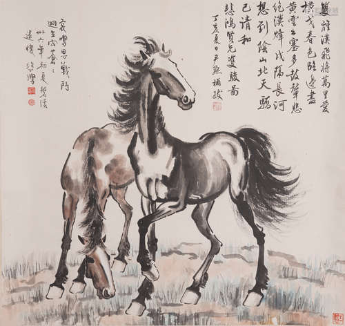 Chinese Painting Hanging Scroll Of Steeds With Inscriptions