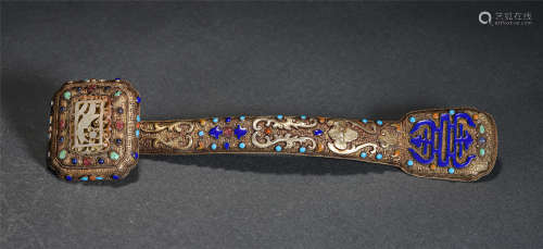 Chinese Gilt Bronze Gems-Inlaid Auspicious Pattern Ruyi