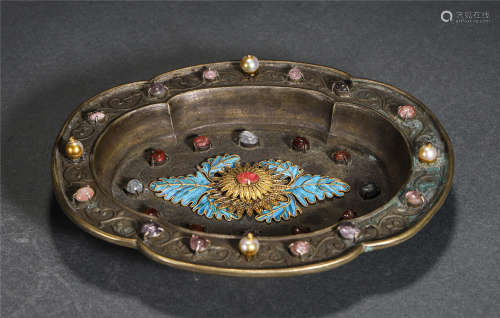 Chinese Gilt Bronze Gems-Inlaid Enameling Dish