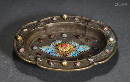 Chinese Gilt Bronze Gems-Inlaid Enameling Dish