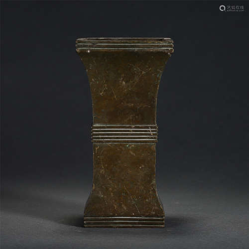 Chinese Bronze Horizontal Stripe Decorated Square Zun