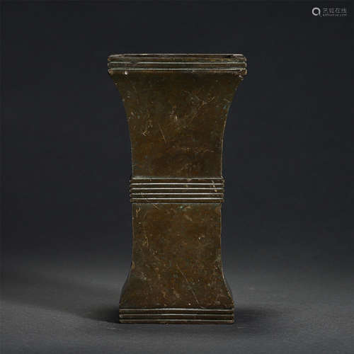 Chinese Bronze Horizontal Stripe Decorated Square Zun