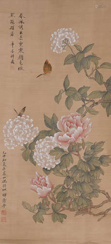 Chinese Painting Hanging Scroll Of Peonies And Butterflies