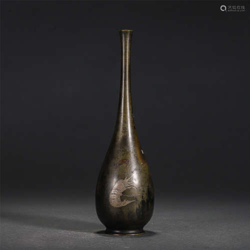 Chinese Silver Inlaid Long Neck Bronze Vase