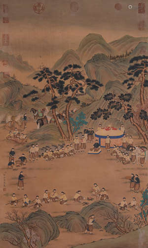 Chinese Gongbi Painting Hanging Scroll Of Hunting