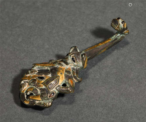 Chinese Silver And Gold Decorated Bronze Beast Belt Hook