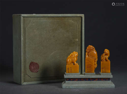 Set Of Three Chinese Yellow Soap Stone Beast Handle Seals
