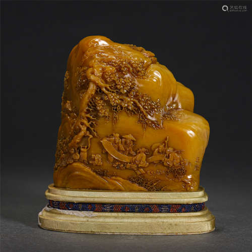 Chinese Yellow Soap Rockery Shape Carved Landscape And Figures Seal