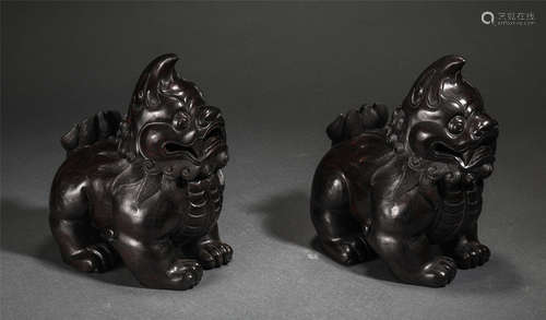 Pair Of Chinese Red Sandalwood Beast Shape Incense Containers