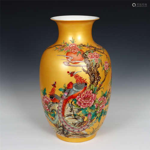 Chinese Yellow Ground Famille Rose Porcelain Vase W/ Flower Patterns