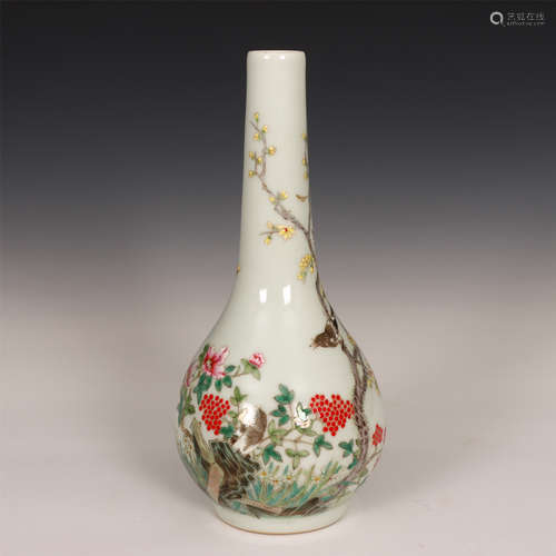 Chinese Famille Rose Flower Bird Bottle Vase