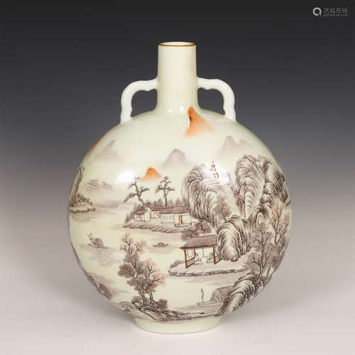 Chinese Mocai Porcelain Landscape Double Handle Moon Flask