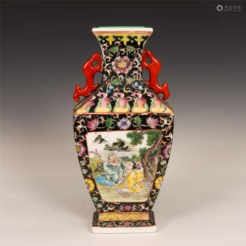 Chinese Black Ground Figures Story Double Handle Square Vase