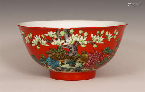 Chinese Red Ground Famille Rose Flower Bird Bowl