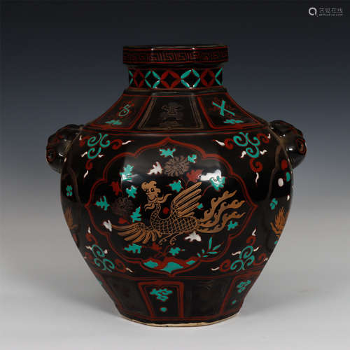 Chinese Black Ground Enamel-Painted Beast Handles Ceramic Jar