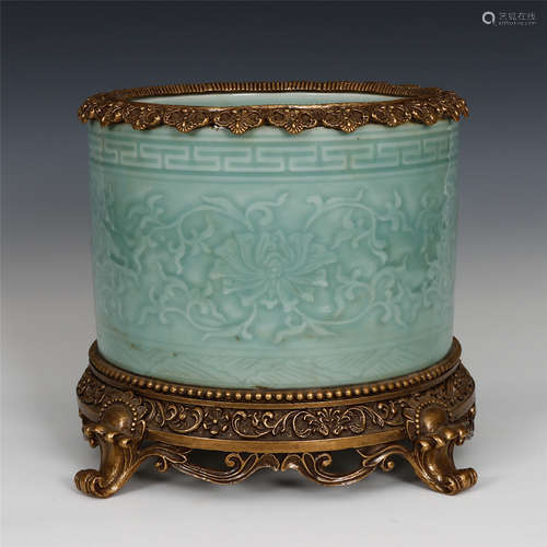 Chinese Gilt Bronze Celadon Glaze Brush Pot W/ Flower Pattern