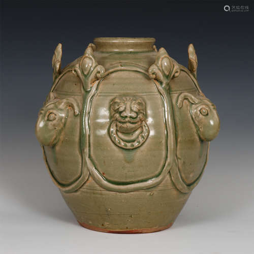 Chinese Yue Ware Celadon Porcelain Zun Vase W/ 3-Goat-And-3-Beast Design