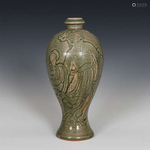 Chinese Yue Ware Celadon Glaze Meiping With Carved Immortal Figure Design