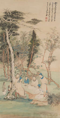 Chinese Painting Hanging Scroll Of Scholars In The Forest