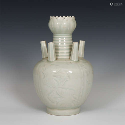 Chinese Hutian Ware Bluish White Glaze Five Tubes Vase With Lotus Mouth