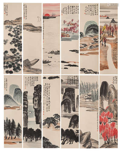 Twelve Chinese Painting Hanging Scrolls Of Landscapes