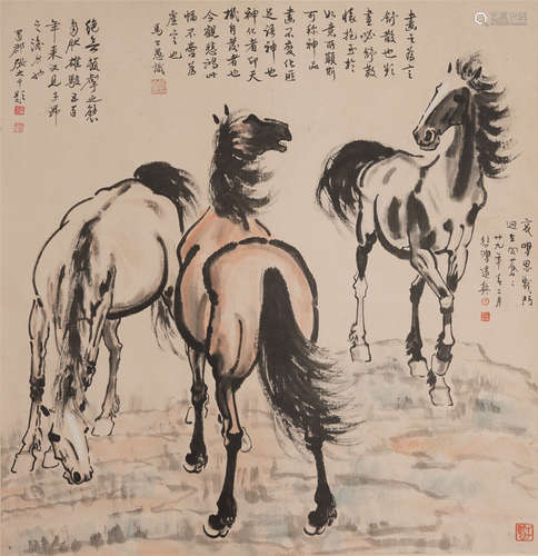 Chinese Painting Hanging Scroll Of Steeds With Inscriptions