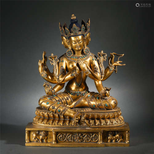 Chinese Gilt Bronze Triple Faces Eight Arms Buddha Statue