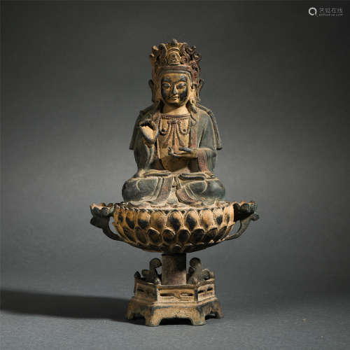 Chinese Bronze Statue Of Seated Bodhisattva On Lotus Pedestal