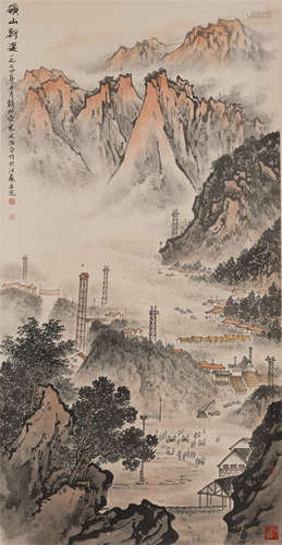 Chinese Painting Hanging Scroll Of Under Constructing Scene