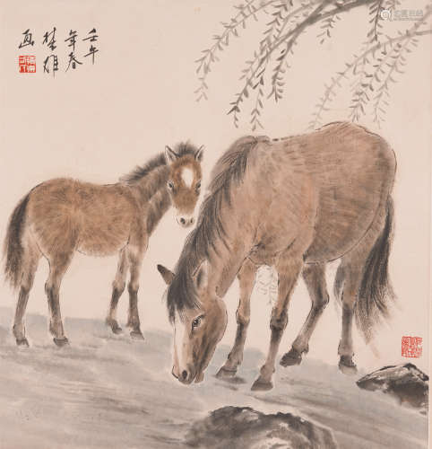 Chinese Hanging Scroll Painting Of Horses And Willow Tree