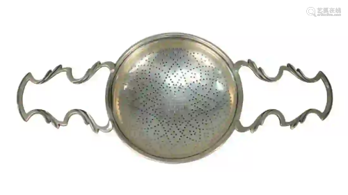 English Silver Strainer with two handles length 9 1/2